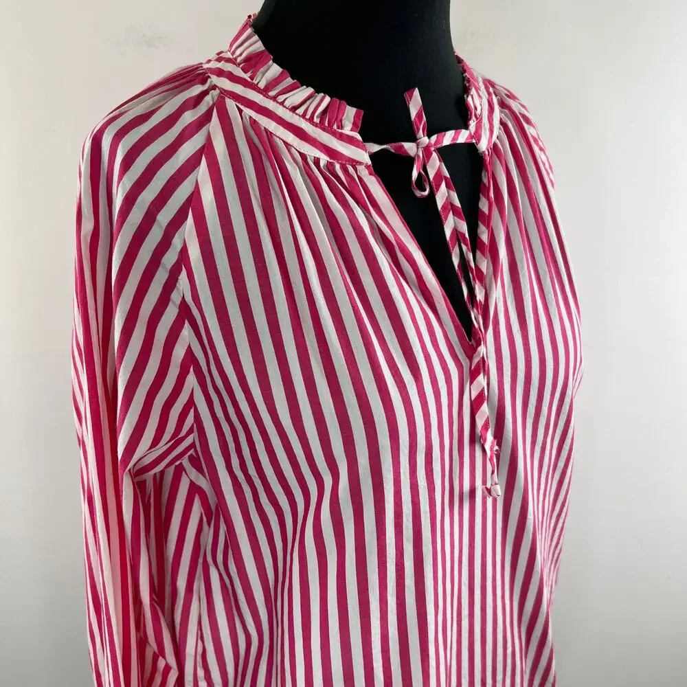 J. Crew Pink White Striped Cotton Smocked-Cuff Women's Popover Top Size S